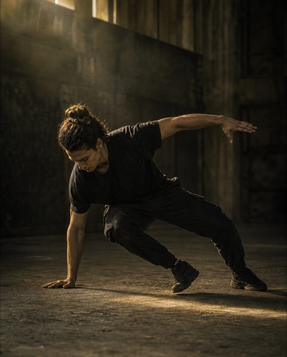 Movement practitioner in a controlled ground transition