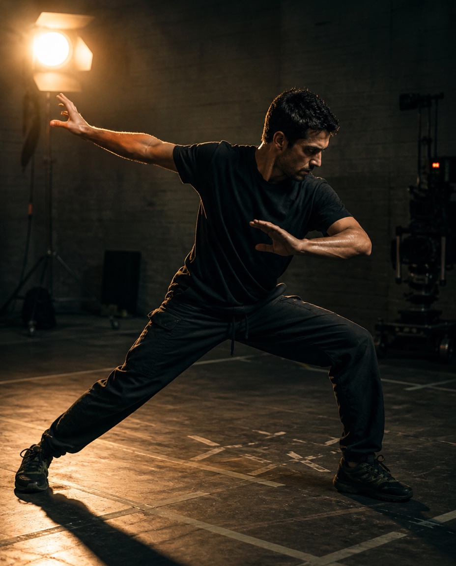 Physical actor rehearsing in front of a camera
